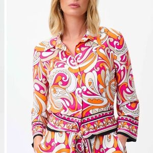 Joseph Ribkoff Retro Print Blouse Pink and Orange Tie Front Size 8